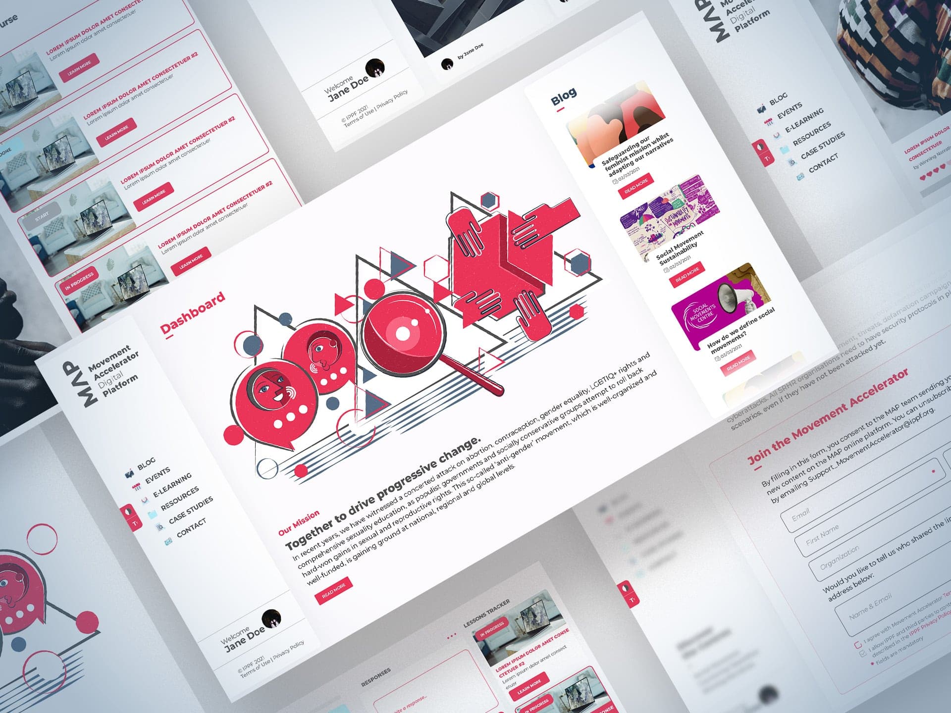 Screens from the Movement Accelerator Platform, showing the dashboard, blog and sign-up form