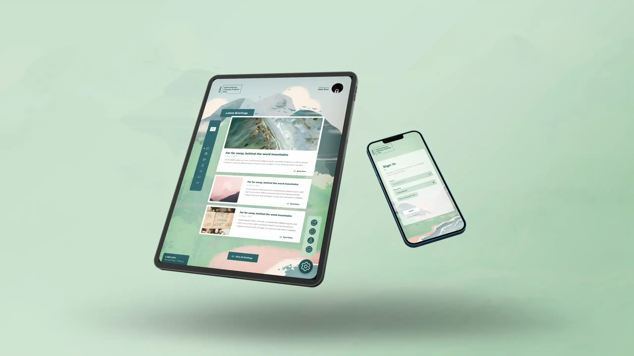 A tablet and phone showing the International Climate Politics Hub, with its latest briefings and sign-in screen